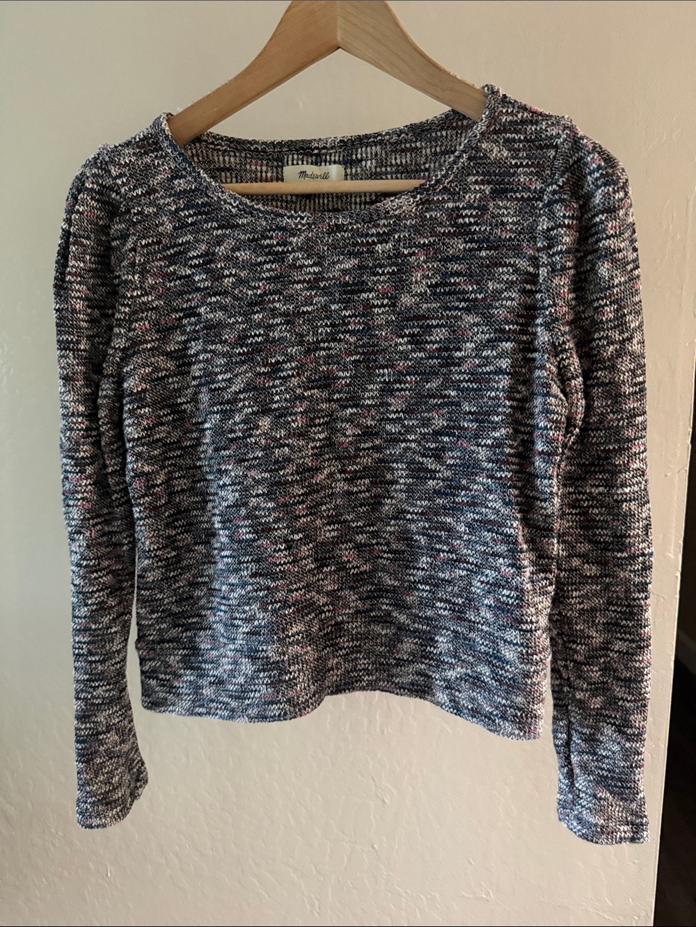 Madewell Knit Pullover Top in Navy, White & Pink Puff Shoulder Marled Size XS